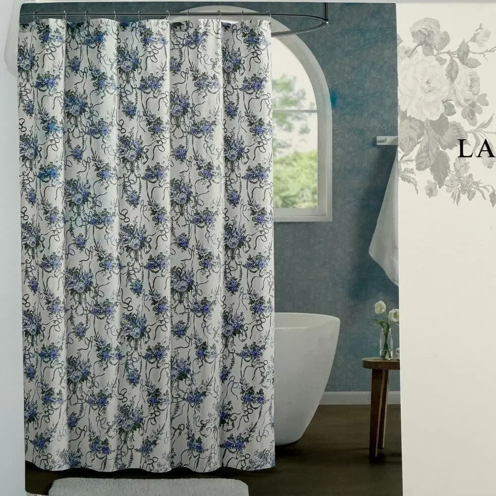 Laura Ashley Pricilla's Bows Shower Curtain Floral Cottagecore Blue White 72x72